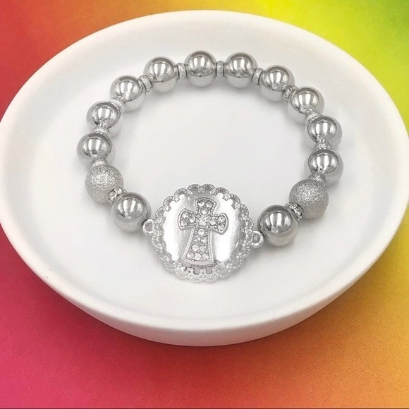 🌼 Cross Rhinestone Silver Beaded Stretch Bracelet - Picture 1 of 2